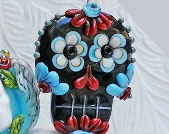 Black Turquoise & Red Sugar Skull Focal by Sabrina Koebel Handmade Lampwork Beads
