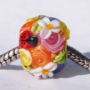 European Charm Bead, Large Hole Bead  -  Ladybug Garden by Sabrina Koebel Handmade Lampwork Beads