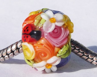 European Charm Bead, Large Hole Bead  -  Ladybug Garden by Sabrina Koebel Handmade Lampwork Beads