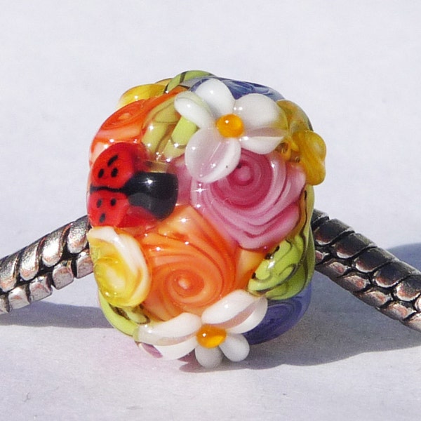 European Charm Bead, Large Hole Bead  -  Ladybug Garden by Sabrina Koebel Handmade Lampwork Beads