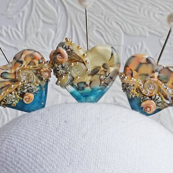 Beachy Heart Focal in Peach Pearl Sunset by Sabrina Koebel Handmade Lampwork Beads