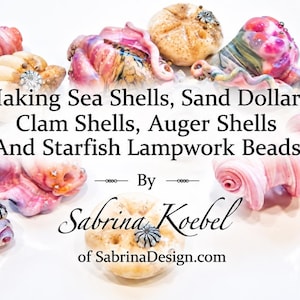 Puede incluir: Una colección de cuentas de vidrio soplado con forma de conchas marinas, dólares de arena, almejas, caracoles auger y estrellas de mar. El texto dice: Making Sea Shells, Sand Dollars, Clam Shells, Auger Shells And Starfish Lampwork Beads By Sabrina Koebel of SabrinaDesign.com.