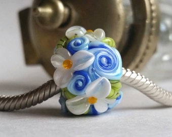 European Charm Bead, Large Hole Bead  -  Wispy Blue Cottage Rose Garden by Sabrina Koebel Handmade Lampwork Beads