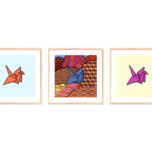 Paper Cranes Set of 3 Wall Art Posters Digital Download, Square Print, Abstract Geometric Colorful 3 Piece Set Gallery Wall Art Home Decor