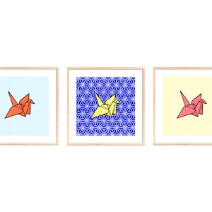 Paper Cranes Set of 3 Wall Art Posters Digital Download, Square Print, Abstract Geometric Colorful 3 Piece Set Gallery Wall Art Home Decor