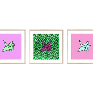 Paper Cranes Set of 3 Wall Art Posters Digital Download, Square Print, Abstract Geometric Colorful 3 Piece Set Gallery Wall Art Home Decor