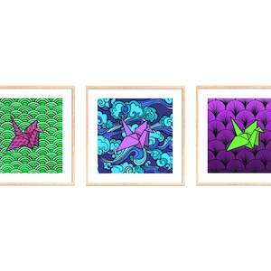 Paper Cranes Set of 3 Wall Art Posters Digital Download, Square Print, Abstract Geometric Colorful 3 Piece Set Gallery Wall Art Home Decor