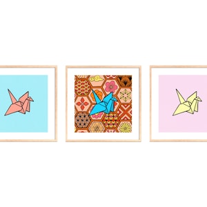 Paper Cranes Set of 3 Wall Art Posters Digital Download, Square Print, Abstract Geometric Colorful 3 Piece Set Gallery Wall Art Home Decor