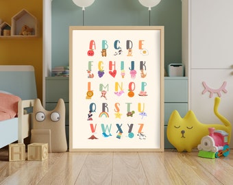 Alfabeto infantil Educativo Impresión digital Póster Niños Colorido Dormitorio Sala de juegos Estética Arte de la pared Decoración Descarga instantánea ABC Imágenes