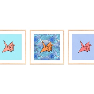 Paper Cranes Set of 3 Wall Art Posters Digital Download, Square Print, Abstract Geometric Colorful 3 Piece Set Gallery Wall Art Home Decor