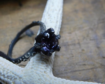Squid Tentacle Engagement Ring Solitaire 1CT or 2CT Diamond, Amethyst, CZ, Synth. or Lab Alexandrite, Handmade Sterling Silver Octopus Arms
