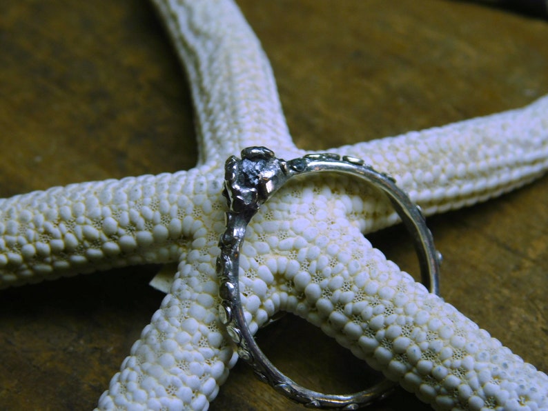 May include: A silver ring with a single, clear gemstone set in a textured band. The ring is displayed on a white starfish.