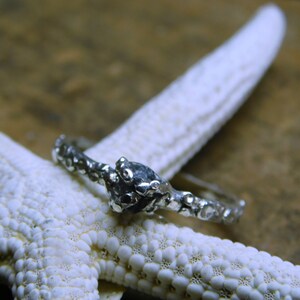 May include: A silver ring with a textured band and a black gemstone set in the center. The ring is resting on a white starfish.
