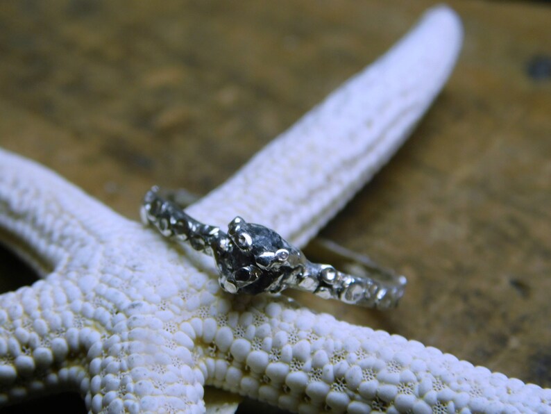 May include: A silver ring with a textured band and a black gemstone set in the center. The ring is resting on a white starfish.