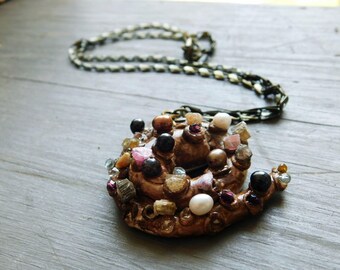 Briny Deep Treasures Necklace Polymer Clay Squid Tenctacle arm Pearls Herkimer Pink Green Black Tourmaline Crystals