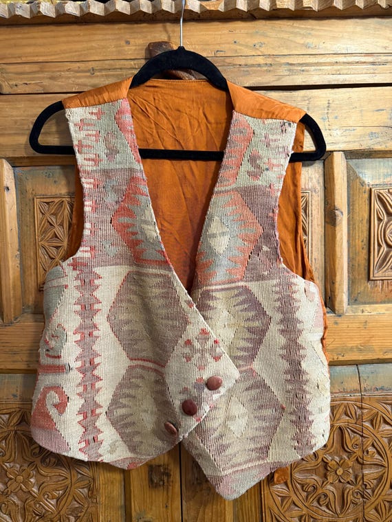 Antique Handwoven Turkish Kilim Vest: Unisex Wool, Adjustable Fit
