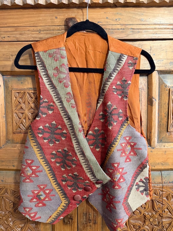 Handwoven Turkish Kilim Vest: Antique Wool, Adjustable Fit