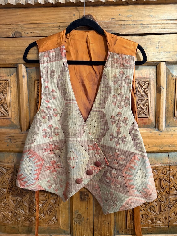 Antique Turkish Kilim Vest: Handwoven Wool, Unisex Design
