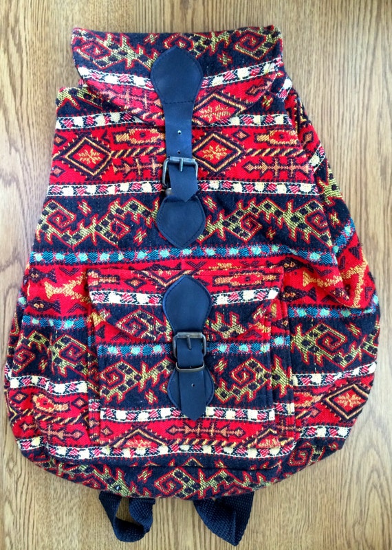 Vintage Vegan Knitted Backpack Aztec Backpack Red 