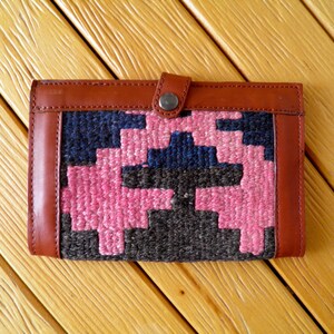 Vintage handgewebte türkische Kelim Brieftasche, Visitenkartenhalter, türkischer Ordner, authentische rosa Azteken-Druck-Brieftasche, Geldklammer