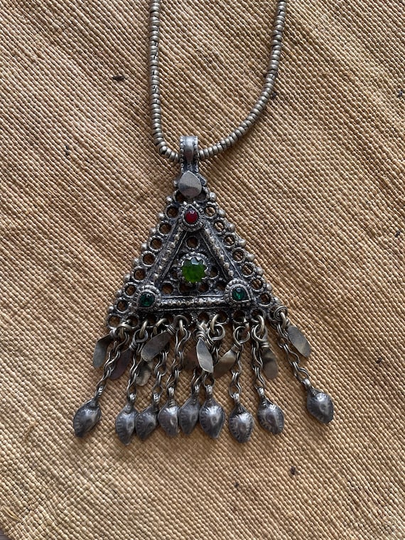 Vintage Silver Afghan Jeweled Triangle Pendant Nec