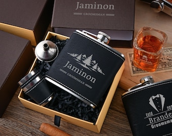 Personalized Leather Flask Gift Set with Engraving | Custom Groomsmen, Best Man & Wedding Party Gift
