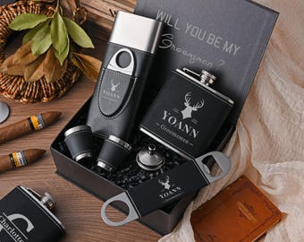 Personalized Engraved 6oz Stainless Steel Hip Flask Set for Men, Custom Groomsmen Wedding Gift