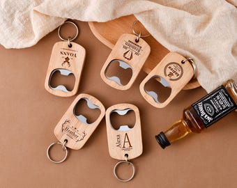 Personalized Wooden Bottle Opener Keychain for Groomsmen - Custom Name & Date, Engraved Wedding Party Favor Gift