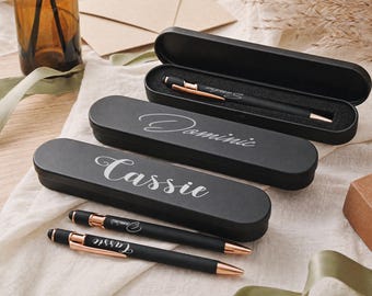 Personalized Black Soft-Touch Ballpoint Pen (with Stylus) — Custom Engraved Business & Wedding Gift