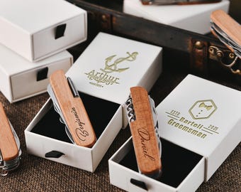 Personalized Multi-Tool Folding Pocket Knife with Wooden Handle, Engraved Wine Opener, Groomsmen Gift