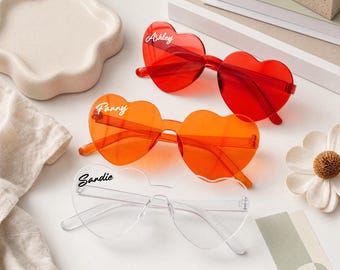 Heart Shaped Sunglasses – Personalized Bachelorette & Bridal Party Favors, Retro Rimless Tinted Glasses, Wedding Guest Bulk Favors