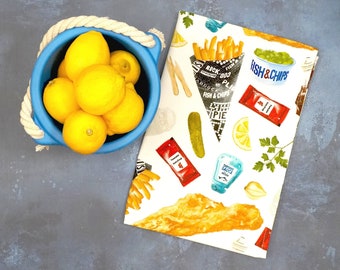 Fish & Chip Tea Towel: British Seaside Cotton Kitchen Decor
