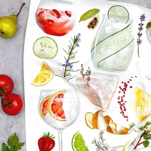 May include: A white kitchen towel with watercolor illustrations of various gin and tonic ingredients, including lime wedges, cucumber slices, grapefruit, rosemary sprigs, and peppercorns.