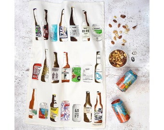 Craft Beer Tea Towel - Illustrated with Craft Beer Bottles and Cans - Perfect for your Kitchen or for a Beer Lover