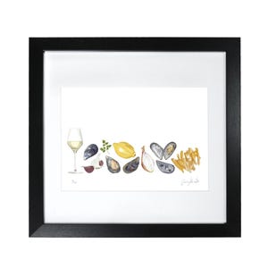 May include: A framed watercolor illustration of a white wine glass, mussels, lemon, onion, garlic, and french fries. The illustration is on a white background with a black frame.