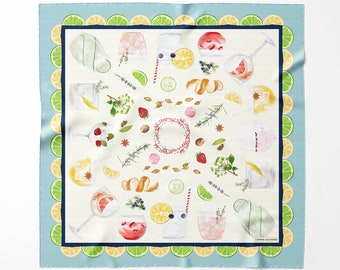 Gin Cocktail Square Silk Scarf - 100% Luxurious British Made Silk - Perfect Accessory for Cocktail Lovers - Stylish Gift Idea