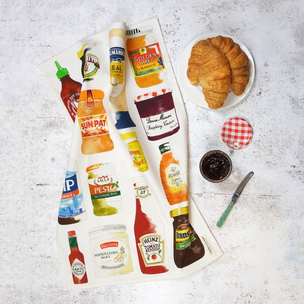 The Store Cupboard Tea Towel - Illustrated with Condiments - Perfect for your Kitchen - Gift idea