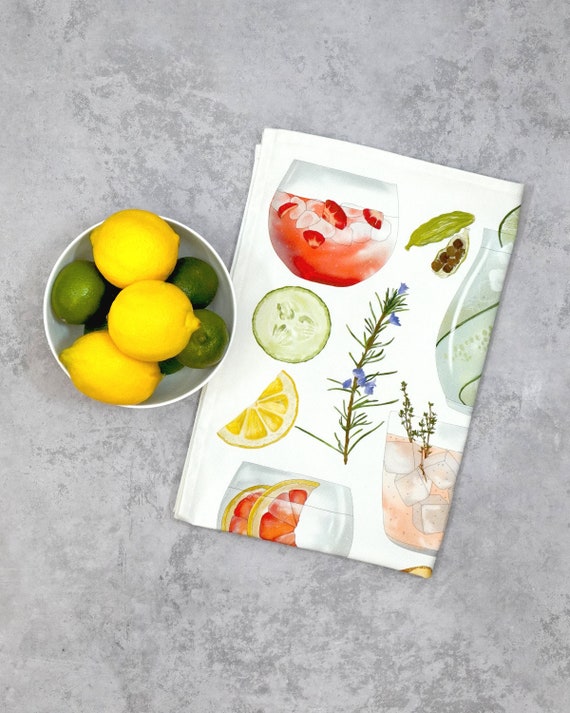 Gin & Tonic Tea Towel: Illustrated Cocktail Kitchen Decor, Made in UK