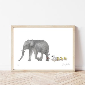 Elephant with Ducks Print Perfect for a loved one, children's room or nursery Limited Edition Print Large Statement Print A3 image 1