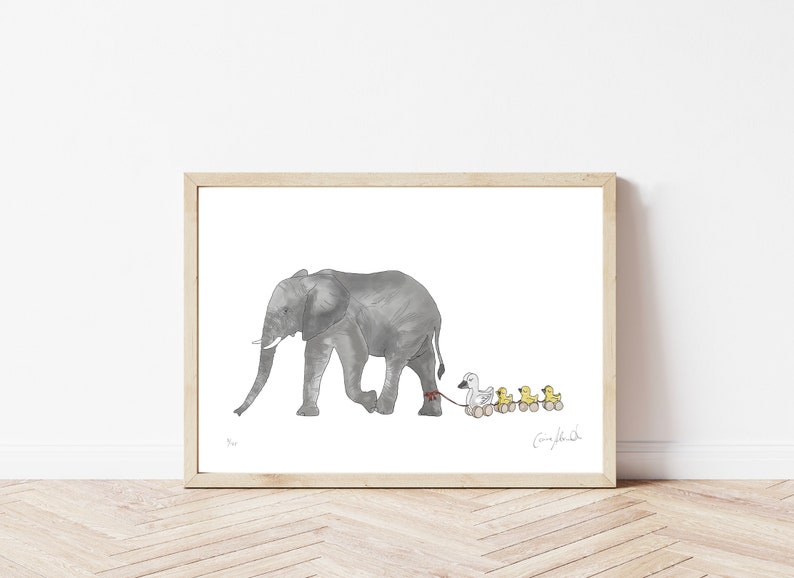 Elephant with Ducks Print Perfect for a loved one, children's room or nursery Limited Edition Print Large Statement Print A3 image 1