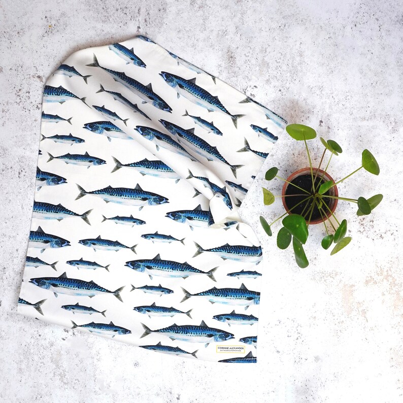 Mackerel Tea Towel Watercolour illustration Perfect for your Kitchen Made in the UK image 1