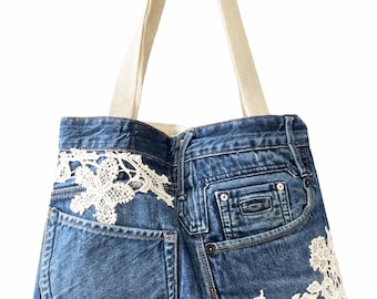 Upcycled Denim Tote Bag with Lace Detail