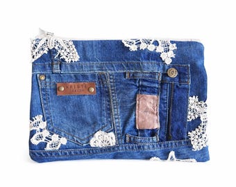 Upcycled Denim Lace Clutch Pouch