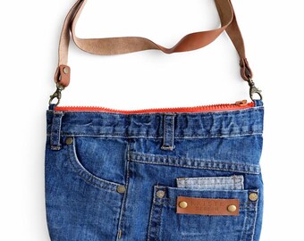 Upcycled Denim Crossbody Bag with Leather Strap