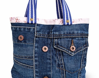 Upcycled Denim Tote Bag with Striped Handles