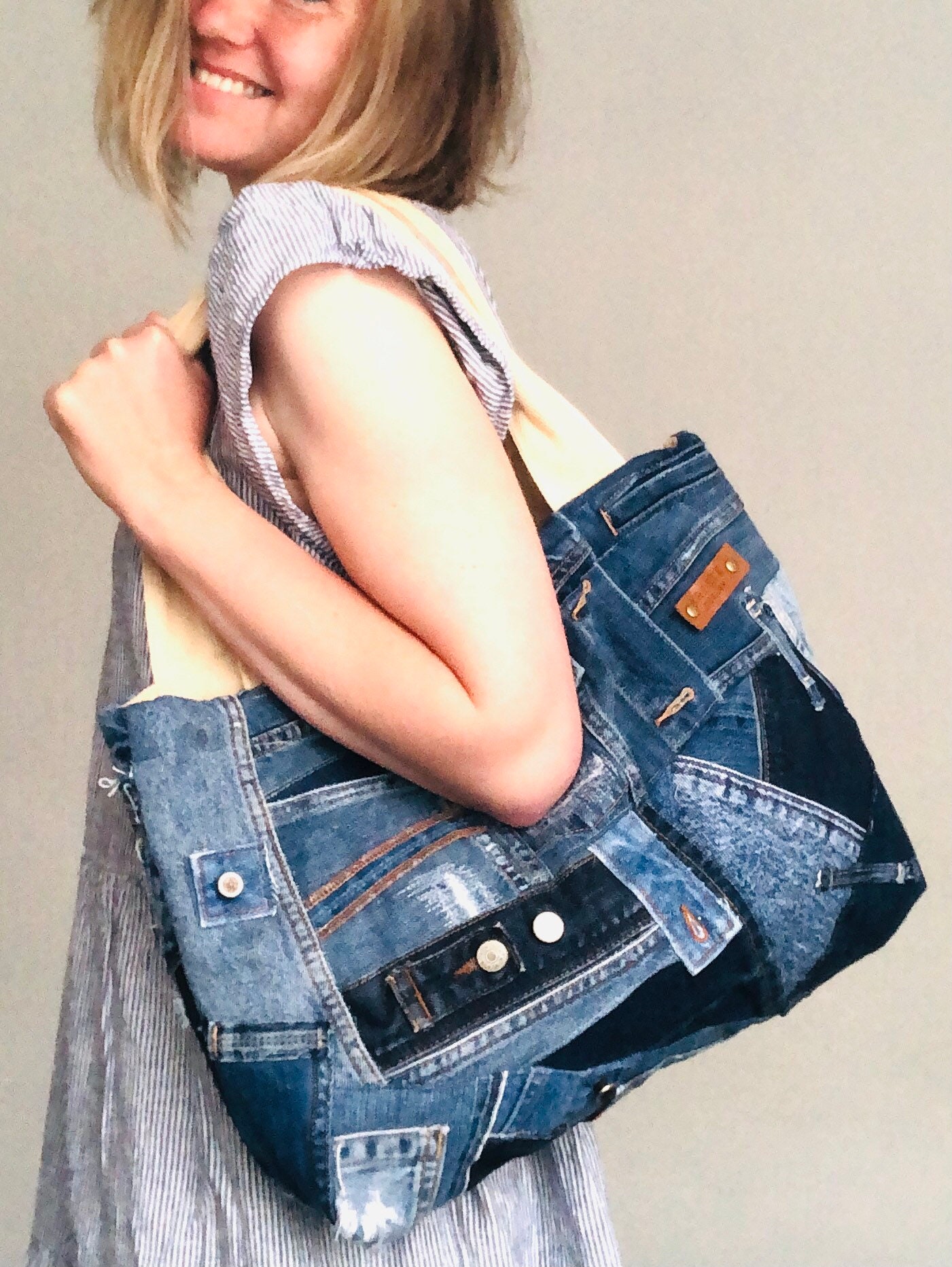 PATTERNED BOTH Sides Shoulder Bag/ Blue Denim Bag/ Vintage Denim/ Jeans ...