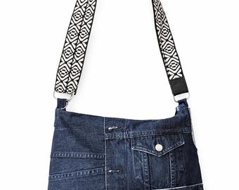 Upcycled Denim Shoulder Bag with Patterned Strap
