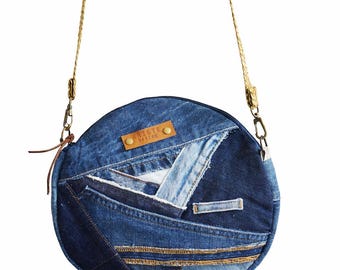 Round Denim Patchwork Crossbody Bag