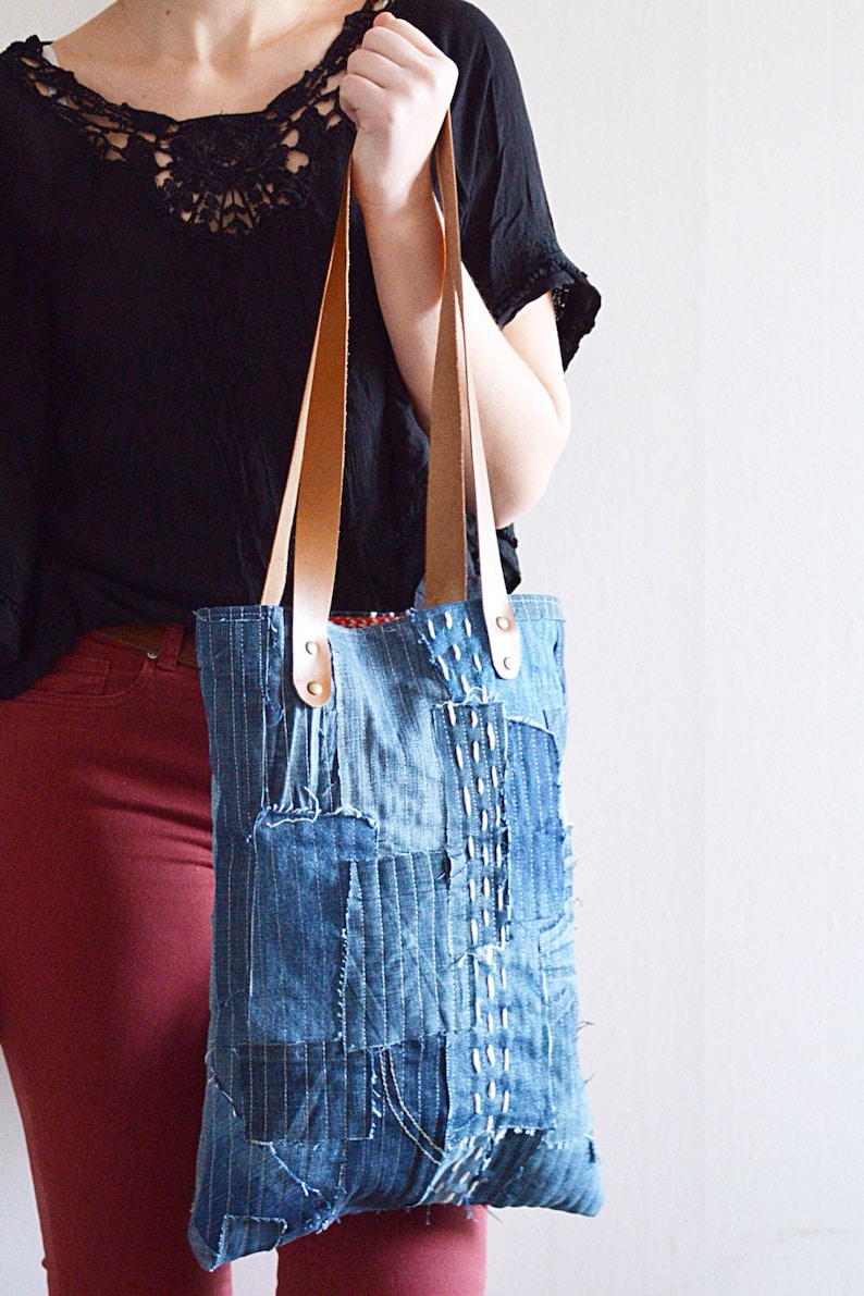 SASHIKO Style Denim Tote Bag With Brown Leather Straps | Etsy