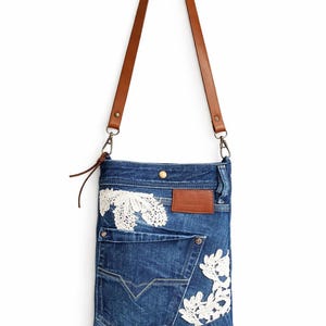 Upcycled Denim Crossbody Bag with Leather Strap & Lace Detail
